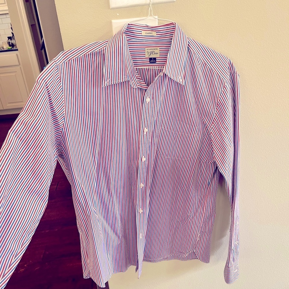 Red, white, and blue striped long sleeve JCrew button down. Only worn once.